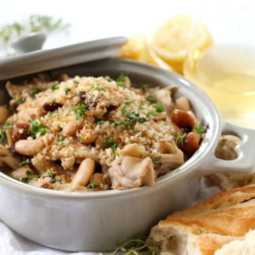 Vegan Roasted Mushroom + Spring Vegetable “Cassoulet”